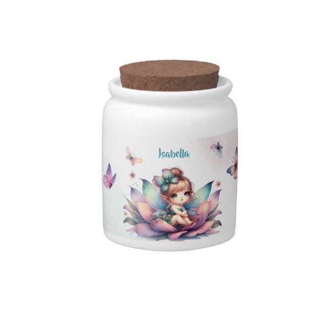 Pretty fairy sitting inside flower candy jar (Front)