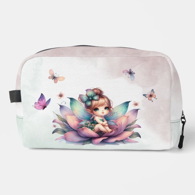 Pretty fairy sitting inside flower dopp kit (Front)