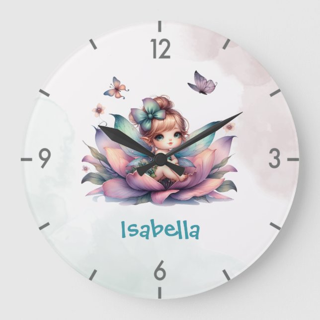 Pretty fairy sitting inside flower  large clock (Front)