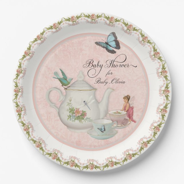 Pretty Fairy Tea Party Baby Shower Party Decor Paper Plates (Front)