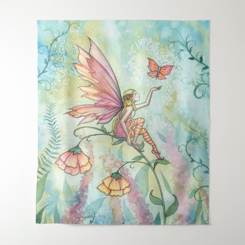 Pretty Fairy with Butterfly Watercolor Art Tapestry