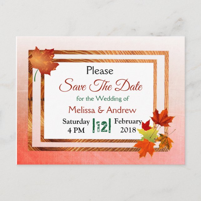 Pretty Fall Autumn Leaves Wedding Save the Date Announcement Postcard (Front)