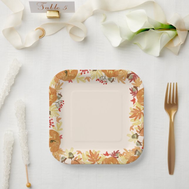 Pretty Fall Brown Red and Orange Flower Border Paper Plates (Wedding)
