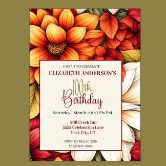 Pretty Fall Dahlia Flower 100th Birthday Invitation