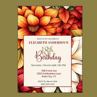 Pretty Fall Dahlia Flower 18th Birthday Invitation