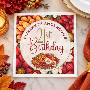 Pretty Fall Dahlia Flower 21st Birthday Napkins