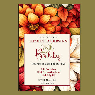 Pretty Fall Dahlia Flower 25th Birthday Invitation