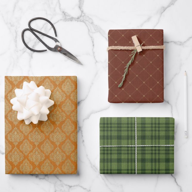 PRETTY FALL GOLD BURGUNDY & GREEN PATTERNS WRAPPING PAPER SHEETS (Front)