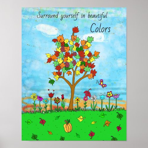 Pretty Fall Leaves Autumn Tree Folk Art Poster