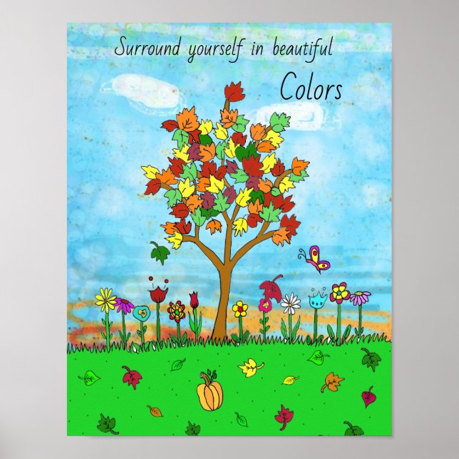 Pretty Fall Leaves Autumn Tree Folk Art Poster (Front)