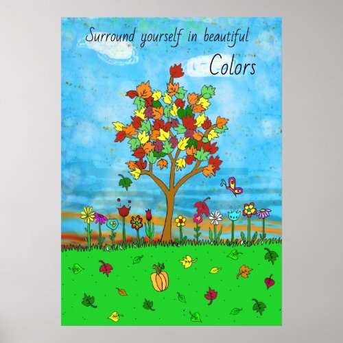 Pretty Fall Leaves Autumn Tree Folk Art Poster