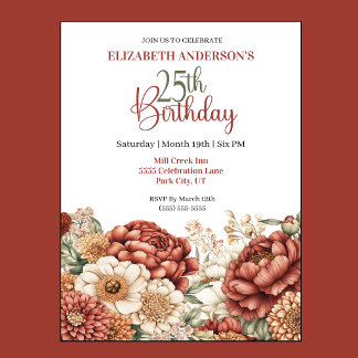 Pretty Fall Peony 25th Birthday Invitation