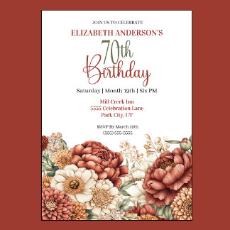 Pretty Fall Peony 70th Birthday Invitation