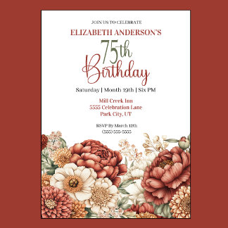 Pretty Fall Peony 75th Birthday Invitation