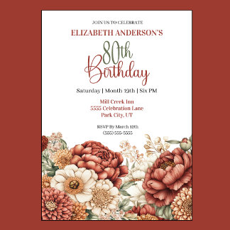 Pretty Fall Peony 80th Birthday Invitation