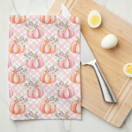 Pretty Fall Pink and Orange Watercolor Pumpkin Kitchen Towel
