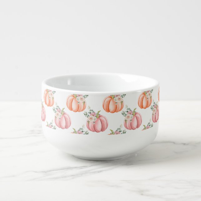  Pretty Fall Soft Pink and Orange Floral Pumpkin Soup Mug (Front)