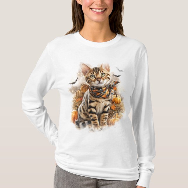 PRETTY FALL THEMED BENGAL CAT WITH PUMPKINS T-Shirt (Front)