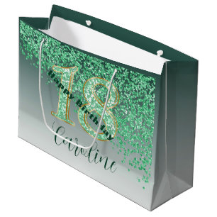 Pretty Falling Green Glitter 18th Birthday Large Gift Bag