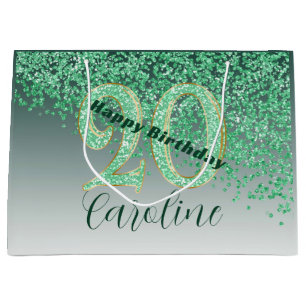 Pretty Falling Green Glitter 20th Birthday Large Gift Bag