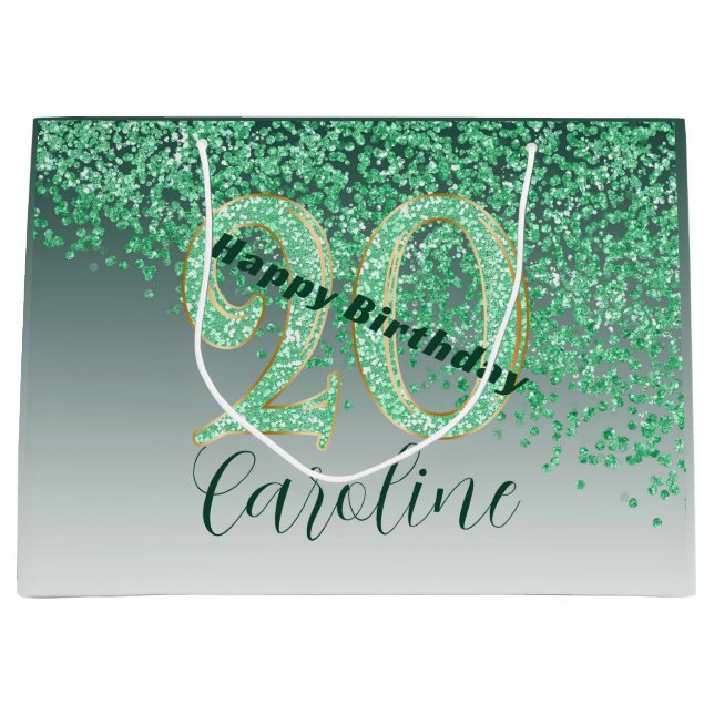 Pretty Falling Green Glitter 20th Birthday Large Gift Bag (Front)