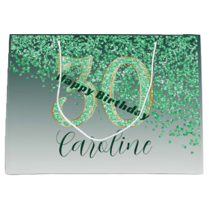 Pretty Falling Green Glitter 30th Birthday Large Gift Bag