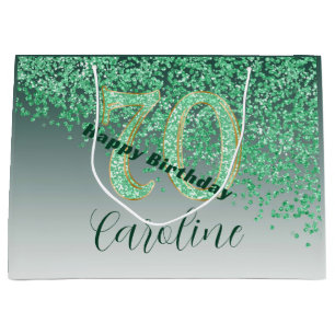 Pretty Falling Green Glitter 70th Birthday Large Gift Bag