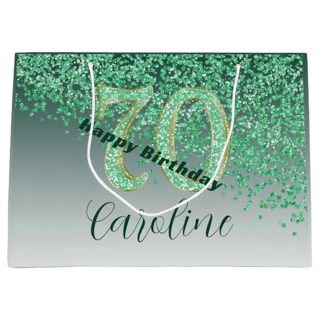 Pretty Falling Green Glitter 70th Birthday Large Gift Bag (Front)