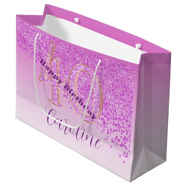 Pretty Falling Pink Glitter 40th Birthday Large Gift Bag (Front Angled)