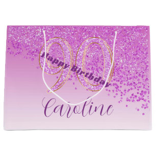 Pretty Falling Pink Glitter 90th Birthday Large Gift Bag
