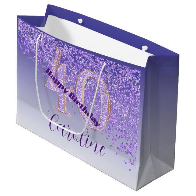 Pretty Falling Purple Glitter 40th Birthday Large Gift Bag (Front Angled)