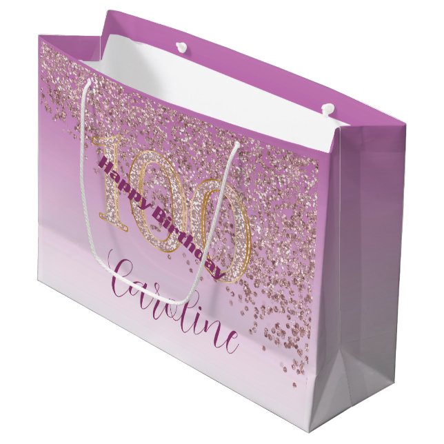 Pretty Falling Rose Gold Glitter 100th Birthday Large Gift Bag (Front Angled)