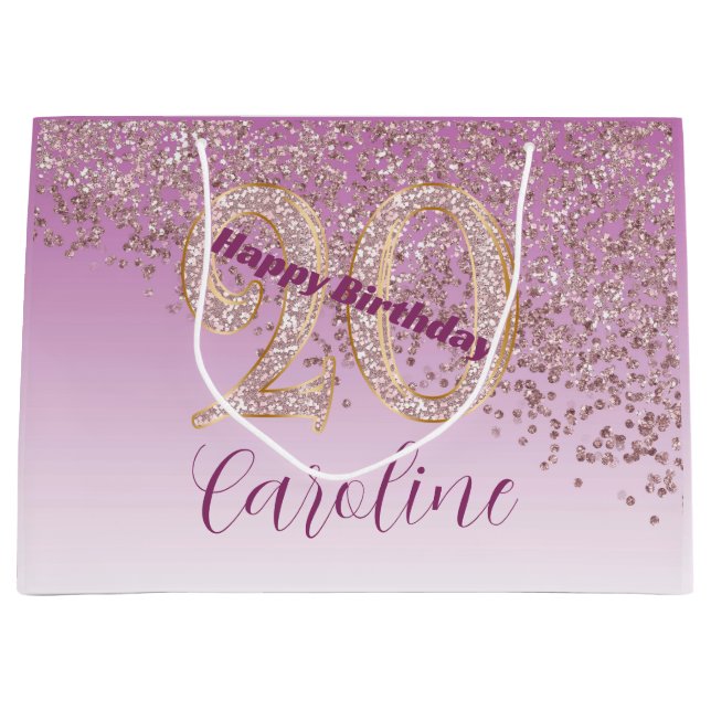 Pretty Falling Rose Gold Glitter 20th Birthday Large Gift Bag (Front)