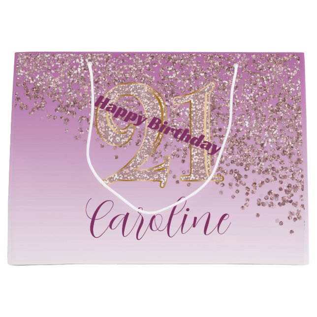 Pretty Falling Rose Gold Glitter 21st Birthday Large Gift Bag (Front)