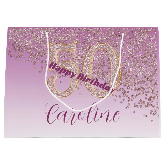 Pretty Falling Rose Gold Glitter 50th Birthday Large Gift Bag (Front)