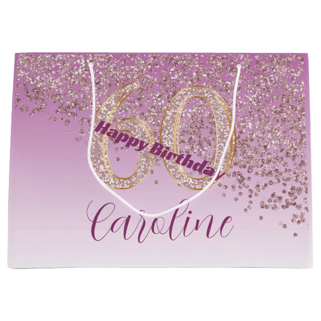Pretty Falling Rose Gold Glitter 60th Birthday Large Gift Bag (Front)