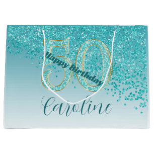 Pretty Falling Teal Blue Glitter 50th Birthday Large Gift Bag