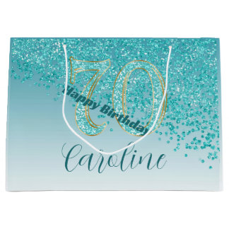 Pretty Falling Teal Blue Glitter 70th Birthday Large Gift Bag