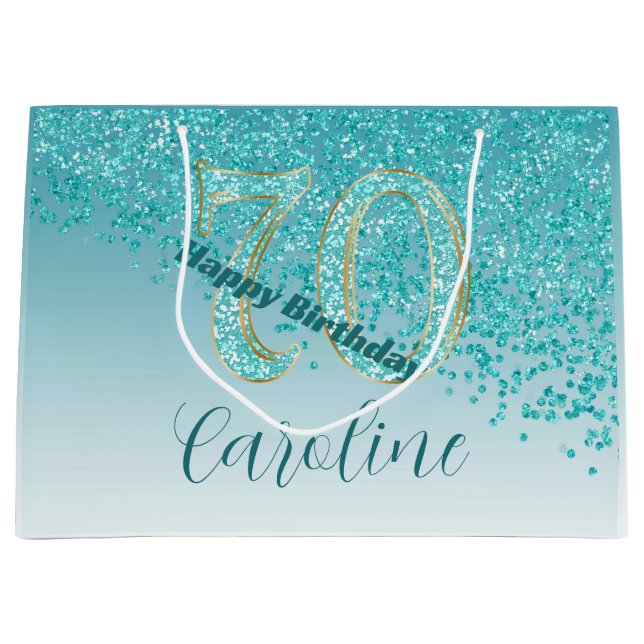 Pretty Falling Teal Blue Glitter 70th Birthday Large Gift Bag (Front)