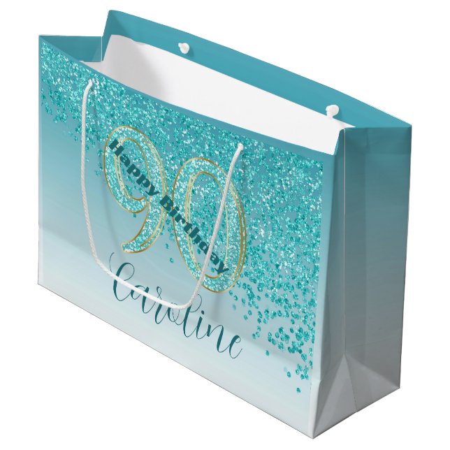 Pretty Falling Teal Blue Glitter 90th Birthday Large Gift Bag (Front Angled)