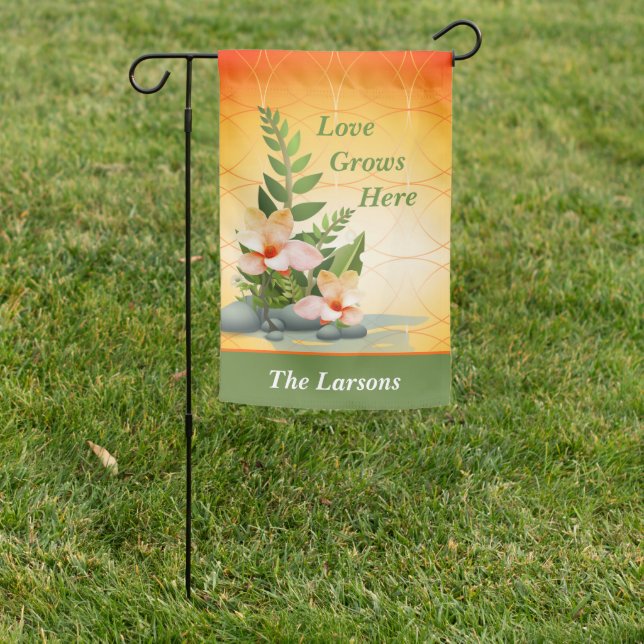 Pretty Family Name "Love Grows Here" Garden Flag (In SItu)