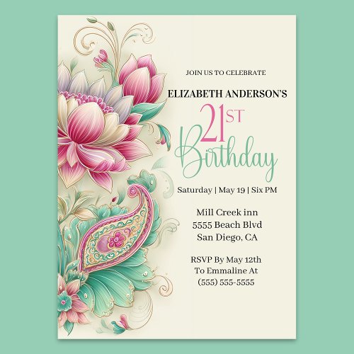 Pretty Fancy Paisley Flower 21st Birthday