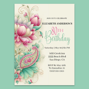Pretty Fancy Paisley Flower 80th Birthday Invitation