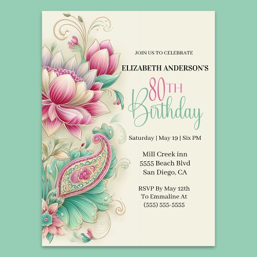 Pretty Fancy Paisley Flower 80th Birthday