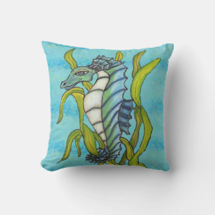 Pretty Fantasy Aqua Blue Dragon Type Seahorse Outdoor Pillow