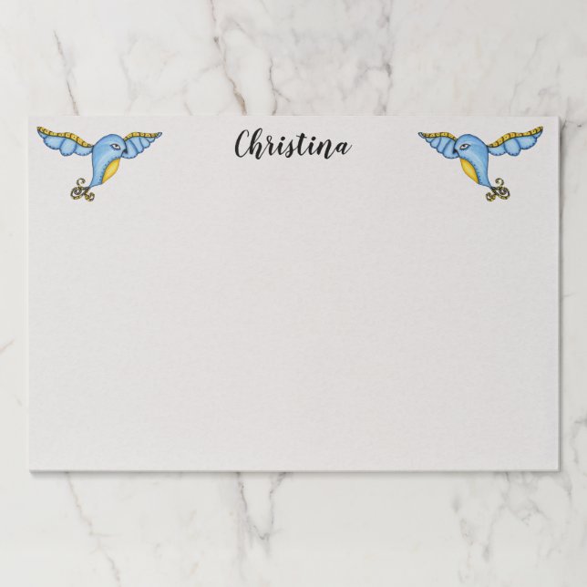 Pretty Fantasy blue and Yellow Birds Scroll Tails Paper Pad (Front)