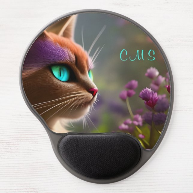Pretty Fantasy Cat Flower *Monogram*  Gel Mouse Pad (Front)