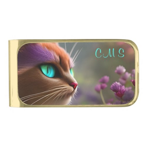 Pretty Fantasy Cat Flower Monogram  Gold Finish Money Clip