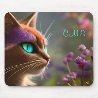 Pretty Fantasy Cat Flower *Monogram* Mouse Pad