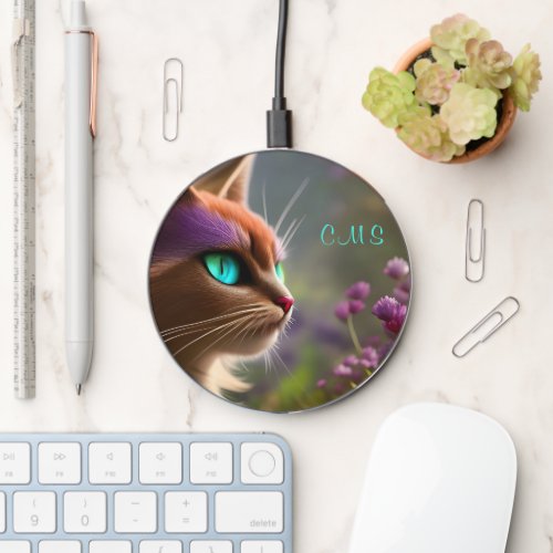 Pretty Fantasy Cat Flower Monogram  Wireless Charger